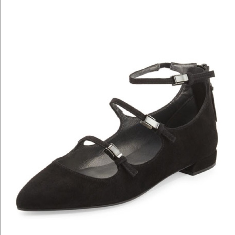 Stuart Weitzman Flippy Three-Strap Mary Jane Flat, Black suede 8.5